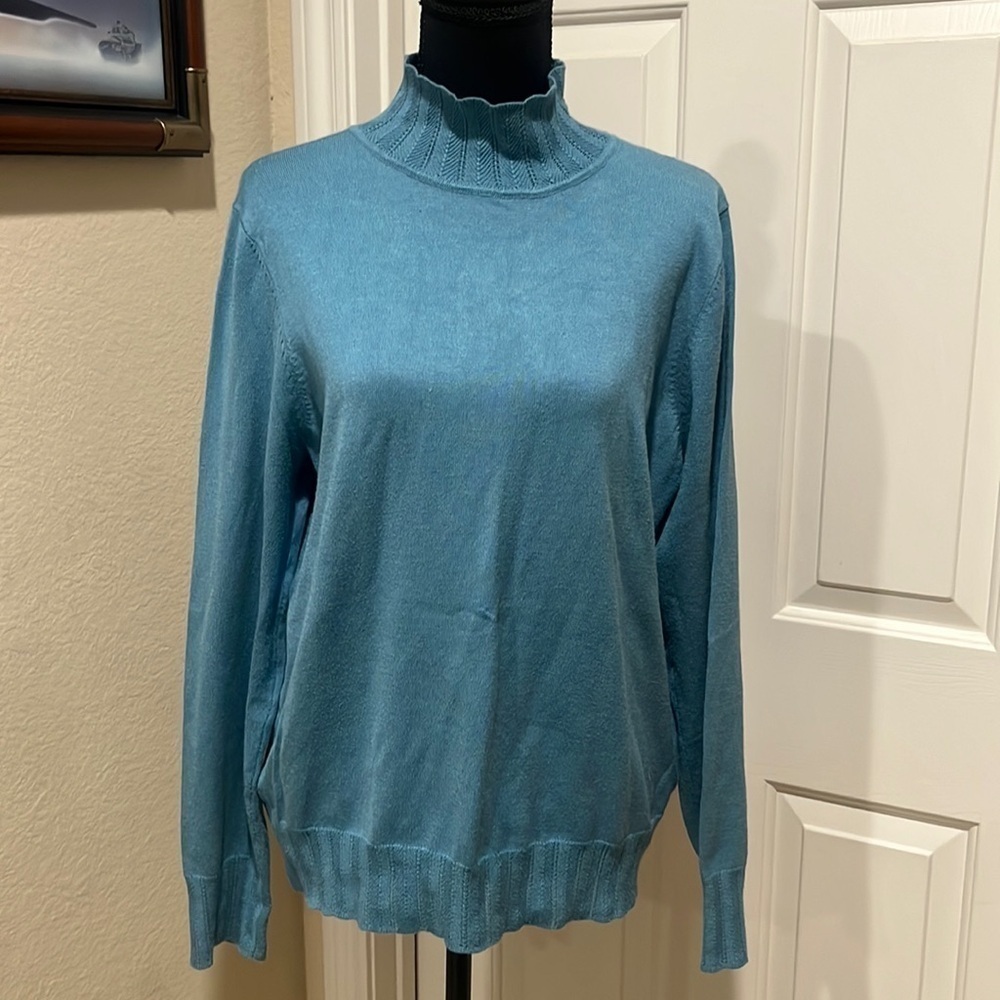 JOSEPH A WOMENS BLUE MOCK FEATHER NECK SWEATER SIZE L